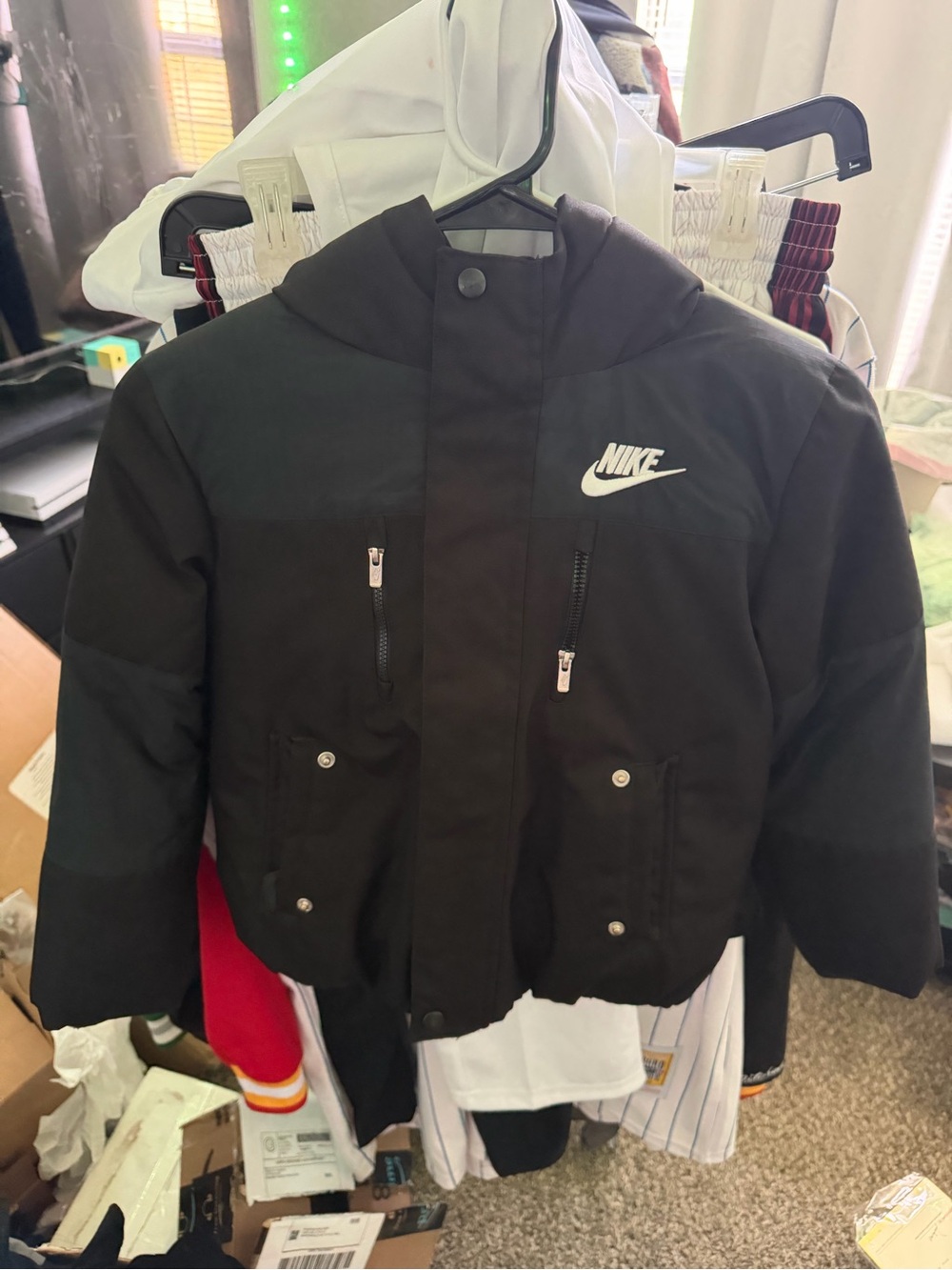 Nike Black Hooded Puffer Jacket with White Logo for kids size 7